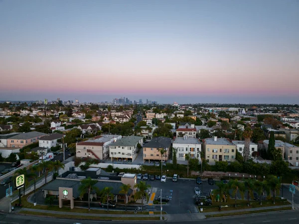 洛杉矶的日落美景 背景是棕榈树和市中心 加利福尼亚 美国主题背景 艺术摄影 — 图库照片