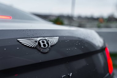 Bentley logosu. Arabanın üstünde Uçan B logosu. Bentley Motors Limited, İngiliz otomobil üreticisi.