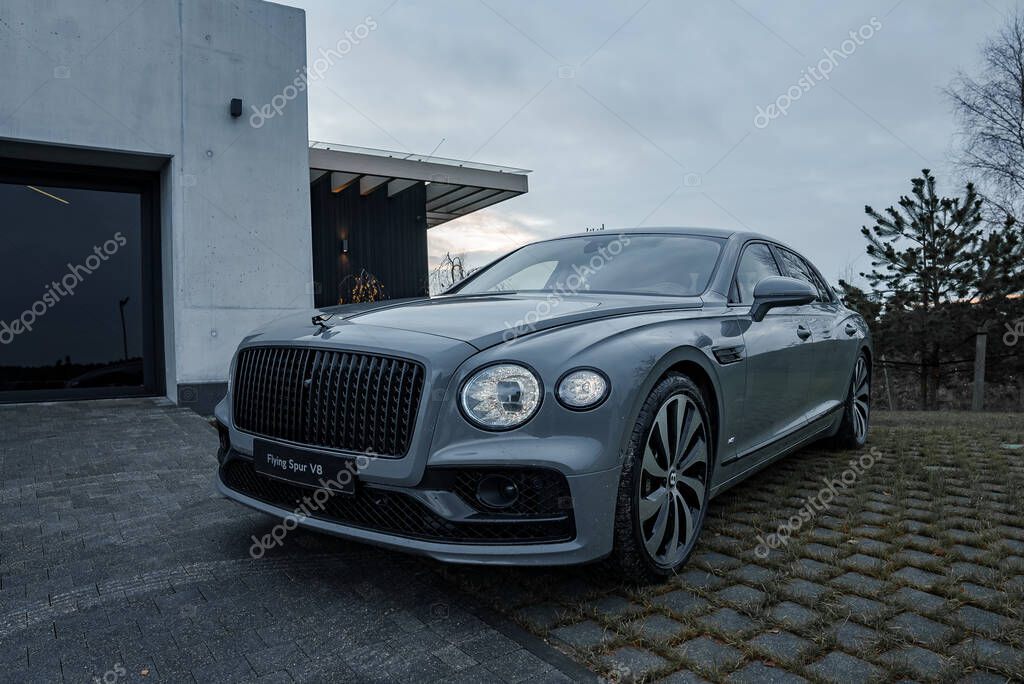 2022 Bentley Flying Spur V12. Third generation Flying Spur close up view at the private villa.