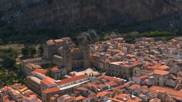 Luftaufnahme Des Mittelalterlichen Dorfes Cefalu Auf Der Insel Sizilien Provinz — Stockvideo