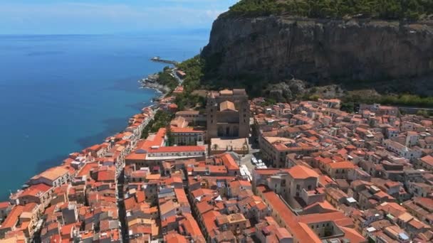 Luftaufnahme Des Mittelalterlichen Dorfes Cefalu Auf Der Insel Sizilien Provinz — Stockvideo