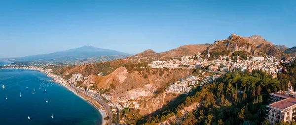 stock image Beautiful aerial view of the Taormina town in Sicily, Italy. One of the most beautiful towns in Italy.