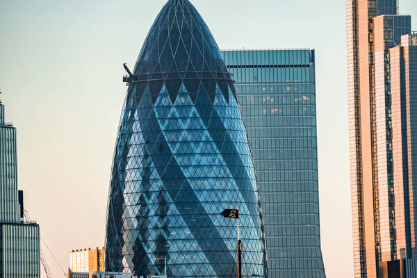 This panoramic view of the City Square Mile financial district of London. Many iconic skyscrapers including the newly completed 22 Bishopsgate tower