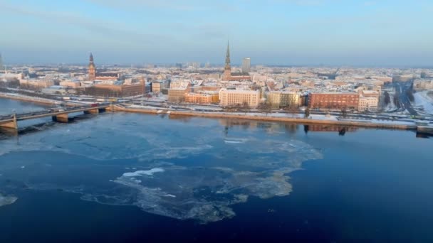 Krásný Západ Slunce Přes Zimu Riga Lotyšsko Letecký Pohled Staré — Stock video