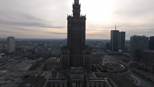 Flygfoto Palace Culture Science Och Centrala Affärs Skyskrapor Warszawa Polen — Stockvideo