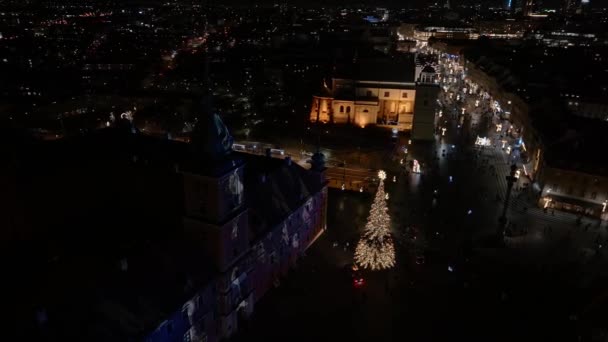Nuit Noël Aérienne Vieille Ville Varsovie Bel Arbre Noël Illuminé — Video