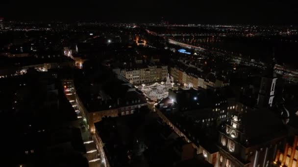 Noite Natal Aérea Cidade Velha Varsóvia Belo Anel Iluminado Patinação — Vídeo de Stock