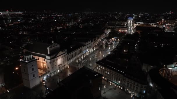 Wigilijna Noc Lotnicza Starego Miasta Warszawie Piękne Oświetlone Choinki Środku — Wideo stockowe