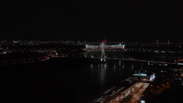 Vista Aerea Notturna Della Città Varsavia Con Luci Dello Stadio — Video Stock