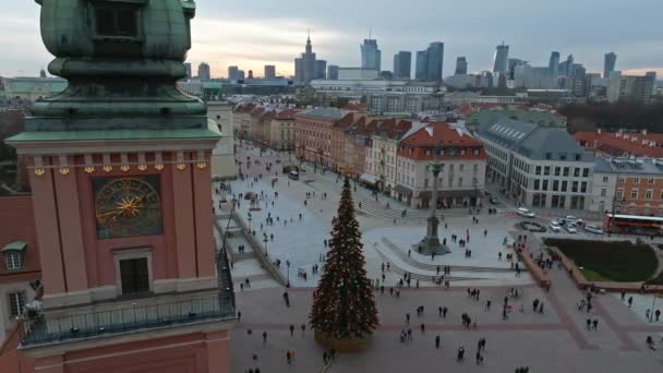 Aerial View Christmas Tree Castle Square Column Sigismund Polish Capital — Stock Video