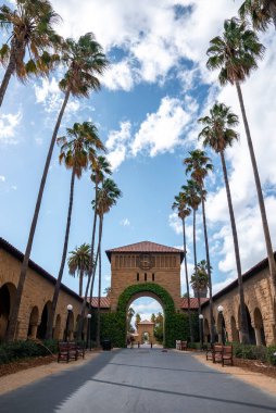 Palmiye ağaçlarının ortasındaki yol kemerli yapıya doğru uzanır. Arkasında gökyüzü olan Stanford Üniversitesi kampüsünde sarmaşık ve saatle.