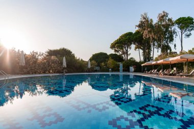 Boş şezlonglar ve şemsiyeler yaz boyunca yemyeşil ağaçlı yüzme havuzu ve turizm merkezinin arka planında açık gökyüzü tarafından düzenlenir.