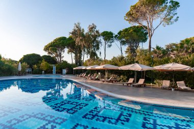Boş şezlonglar ve şemsiyeler yaz boyunca yemyeşil ağaçlı yüzme havuzu ve turizm merkezinin arka planında açık mavi gökyüzü tarafından düzenlenir.