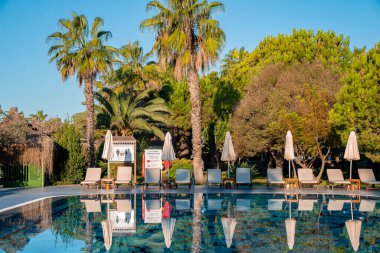 Boş güverte sandalyeleri ve katlanır şemsiyelerle çevrili ağaçlar, turizm merkezinin arka planında açık mavi gökyüzü olan yüzme havuzuna yansıyor.