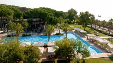 Lüks tropik otel tatil köyü. Açık hava turizmi. Yüzme havuzu, plaj sandalyeleri ve palmiye ağaçları olan lüks bir tatil köyü. Yaz adası seyahati ve cennet tatili
