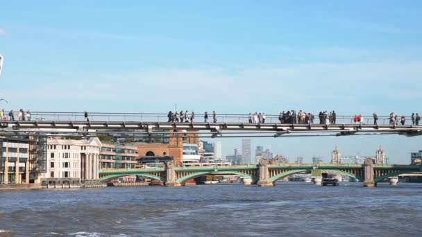 Millennium Bridge Pauls Cathedral London People Crossing Bridge — Stock Video