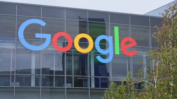 Detalj Bilde Google Kontor Med Multifarget Logotype Glassvegg Google Logo – stockvideo