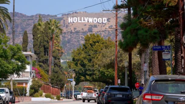 アメリカ ロサンゼルスのハリウッド サイン地区 ヤシの木と丘上の標識と美しいハリウッドの高速道路道路 澄んだ青い空 — ストック動画