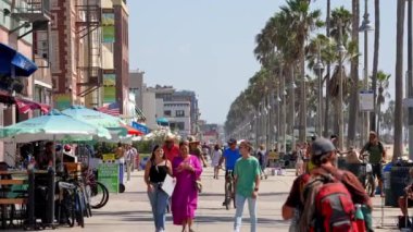 Tourists walking on boardwalk by palm trees and exploring shops at the Venice beach on a warm sunny day