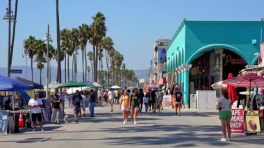 Tourists walking on boardwalk by palm trees and exploring shops at the Venice beach on a warm sunny day