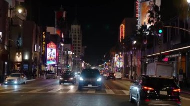 Empty Hollywood Walk of Fame at the Hollywood Boulevard in Los Angeles during night time. The World famous Hollywood Walk of Fame with stars.