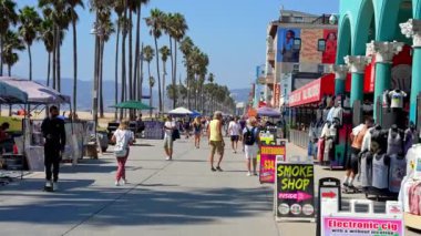 Tourists walking on boardwalk by palm trees and exploring shops at the Venice beach on a warm sunny day