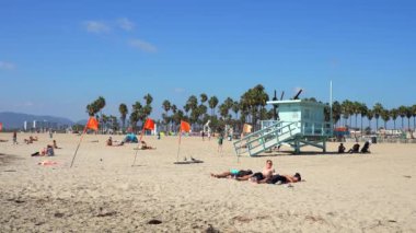 Waves splashing on shore and people enjoying sandy beach in California. Palm trees growing by the Pacific ocean. Sunny day in Los Angeles by the beach.