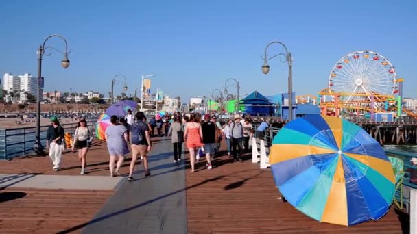 Ferris Wheel Roller Coaster Rides People Exploring Shops Pacific Amusement — Stockvideo
