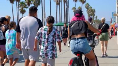 Tourists walking on boardwalk by palm trees and exploring shops at the Venice beach on a warm sunny day
