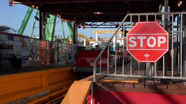 Ferris Wheel Roller Coaster Rides People Exploring Shops Pacific Amusement — Stock videók