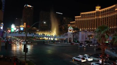 View of the famous strip in Las Vegas. Most popular street in Las Vegas with Bellagio, Cesar and New York hotels. Traffic in Las Vegas at night.