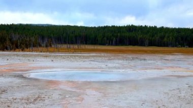 Kaplıca havuzunun güzel manzarası jeotermal manzara. Gayzer havzası ve orman. Yellowstone Ulusal Parkı 'nın ünlü turistik merkezi. Yellowstone Ulusal Parkı 'nda sıcak termal kaynak Siyah Havuz