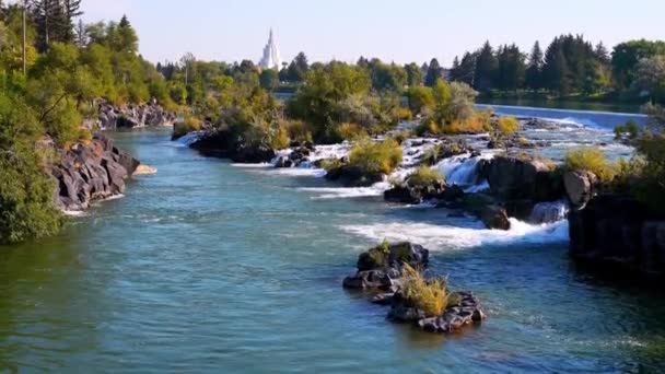 Kígyó Folyó Vezet Templom Felé Idaho Vízesés Közelében Gyönyörű Kilátás — Stock videók