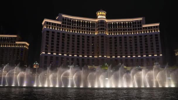 Fountains Bellagio Night Feature Performs Choreography Water Music Light Front — ストック動画