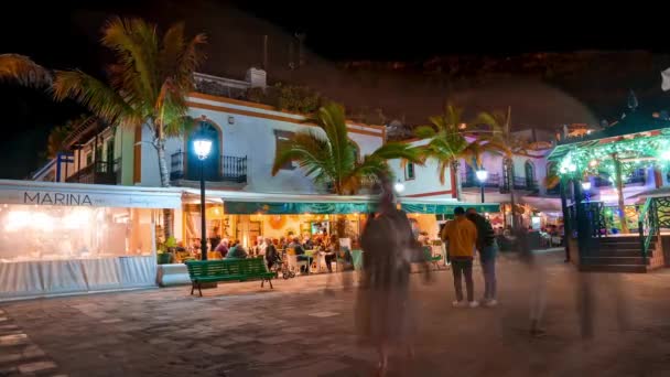 Traditional Colorful Buildings Puerto Mogan Fishing Village Main Square Night — Vídeos de Stock