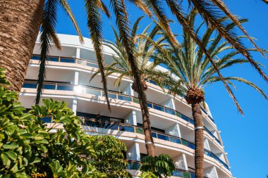 Beautiful luxury hotel with palms all around it on a clear sunny day.