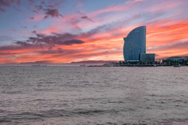 Barcelona W hotel view from the beach. Beautiful luxury hotel in Barcelona, Spain.