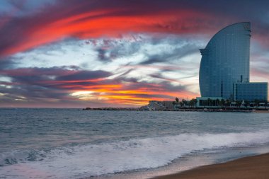Barcelona W hotel view from the beach. Beautiful luxury hotel in Barcelona, Spain.