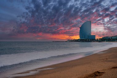 Barcelona W hotel view from the beach. Beautiful luxury hotel in Barcelona, Spain.