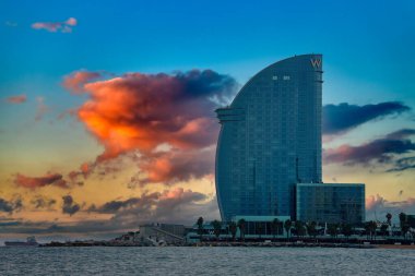 Barcelona W hotel view from the beach. Beautiful luxury hotel in Barcelona, Spain.