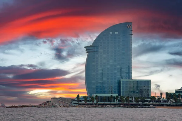 Barcelona W hotel view from the beach. Beautiful luxury hotel in Barcelona, Spain.