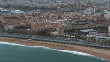Barcelona central beach aerial view Sant Miquel Sebastian plage Barceloneta district catalonia. Aerial view of the Barcelona beach.