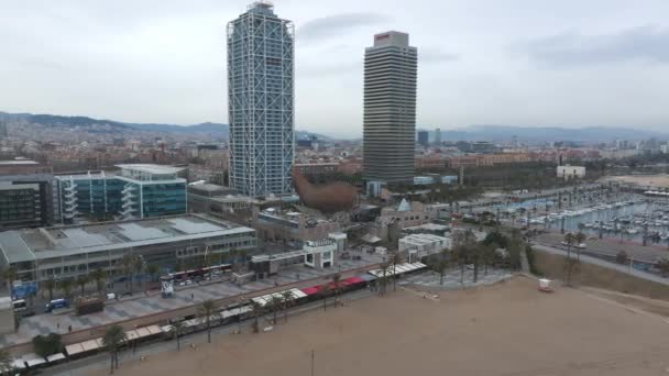 Barcelona Merkez Plaj Hava Manzaralı Sant Miquel Sebastian Barceloneta Bölgesi — Stok video