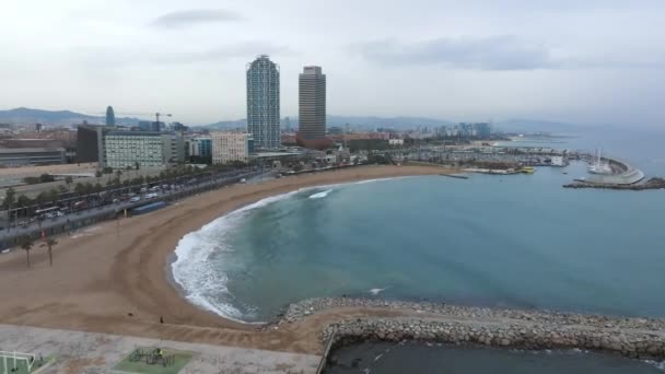 Barcelona Central Beach Aerial View Sant Miquel Sebastian Plage Barceloneta — Stock Video
