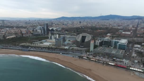 Barcelona Central Beach Aerial View Sant Miquel Sebastian Plage Barceloneta — Vídeos de Stock