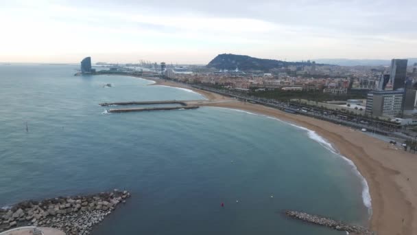 Barcelona Centrální Pláž Letecký Výhled Sant Miquel Sebastian Plage Barceloneta — Stock video