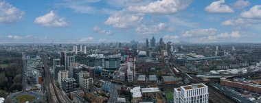 Aerial London Skyline view near Battersea Power Station in London. Cloudy weather over London.
