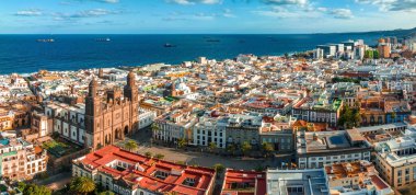 Panoramic aerial view of Las Palmas de Gran Canaria and Las Canteras beach at sunset, Canary Islands, Spain.