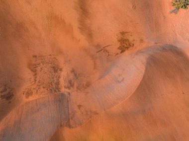 Panoramic aerial scene of the Maspalomas Dunes in Playa del Ingles, Maspalomas, Gran Canaria, Spain. Endless desert sands. Magical safari dunes.