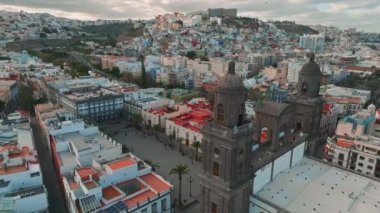 Landscape with Cathedral Santa Ana Vegueta in Las Palmas, Gran Canaria, Canary Islands, Spain. Aerial sunset view of the Las Palmas city.